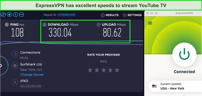 Screenshot of a speed test alongside the ExpressVPN app