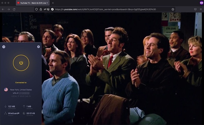 YouTube TV streaming Seinfeld alongside the CyberGhost app connected to New York City, USA