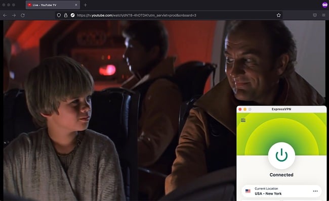 YouTube TV streaming Star Wars alongside the ExpressVPN app connected to New York City, USA