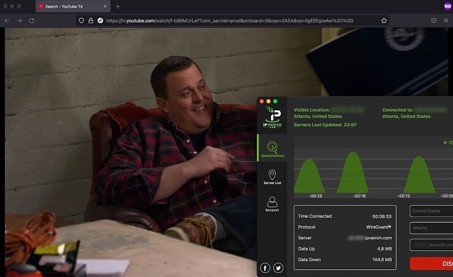 يبث YouTube TV Mike و Molly جنبًا إلى جنب مع تطبيق IPVanish المتصل بأتلانتا ، الولايات المتحدة