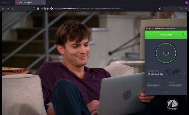 YouTube TV streaming Two and a Half Men alongside the Private Internet Access (PIA) connected to New York City, USA