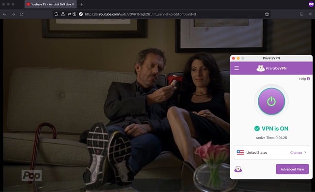 YouTube TV транслирует House MD вместе с приложением PrivateVPN, подключенным к Соединенным Штатам