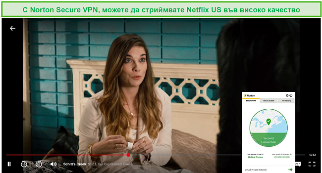 Екранна снимка на Norton Secure VPN, деблокираща Netflix US и стрийминг на Schitt's Creek.