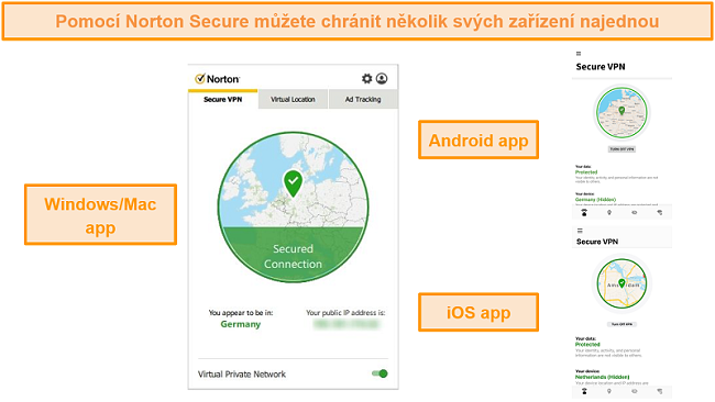 Screenshoty aplikací Norton Secure VPN pro Windows, Mac, Android a iOS.