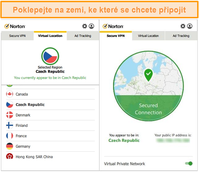 Screenshot aplikace Norton Secure VPN připojené k serveru v České republice.