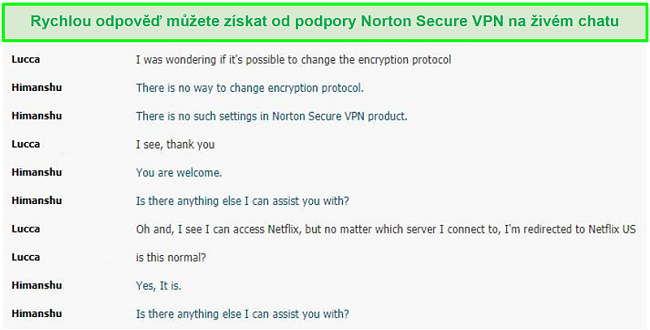 Screenshot živého chatu s podporou Norton Secure VPN.