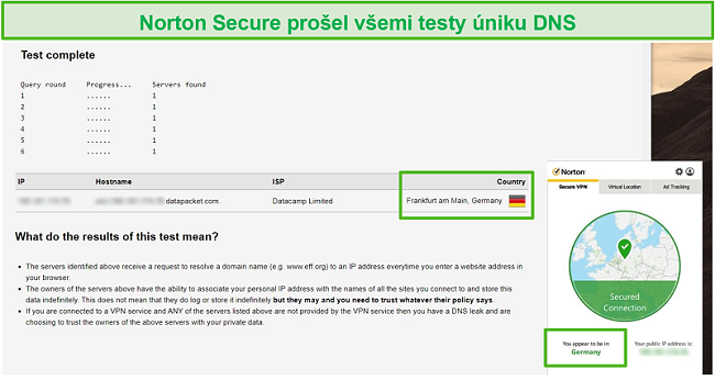 Screenshot aplikace Norton Secure VPN procházející testem úniku DNS.