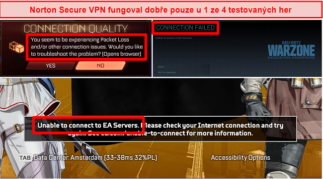 Screenshot aplikace Norton Secure VPN způsobující problémy s připojením v online hrách.