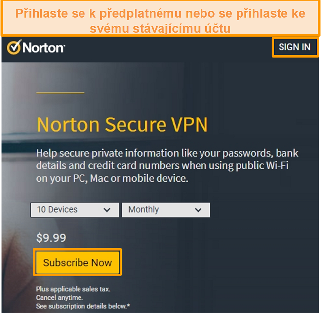 Screenshot stránky nákupu Norton Secure VPN.