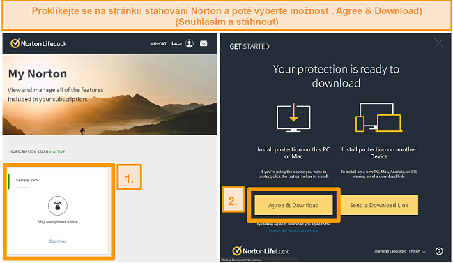 Screenshoty Norton Secure VPNs My Norton a stránky pro stahování.