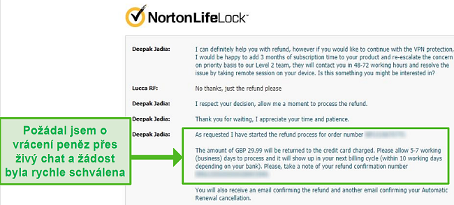 Screenshot žádosti o vrácení peněz prostřednictvím živého chatu Norton Secure VPN 24/7