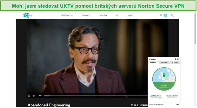 Screenshot z Norton Secure VPN odblokování UKTV a streamování Abandoned Engineering.