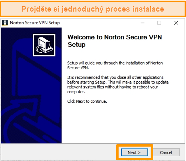 Screenshot prvního kroku procesu instalace Norton Secure VPN do systému Windows.