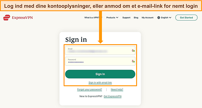 Skærmbillede af ExpressVPNs login-side.