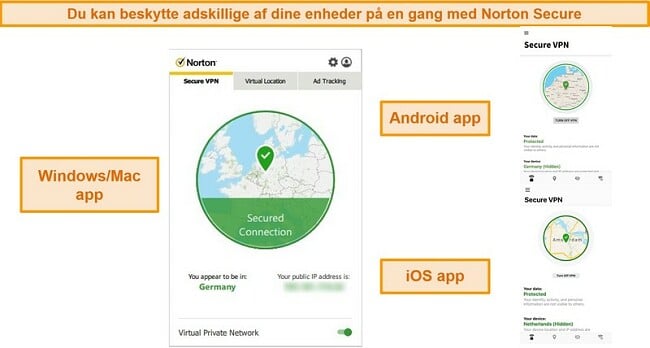 Skærmbilleder af Norton Secure VPN Windows-, Mac-, Android- og iOS-apps