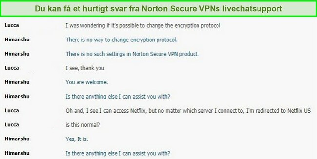 Skærmbillede af en live chat samtale med Norton Secure VPN support