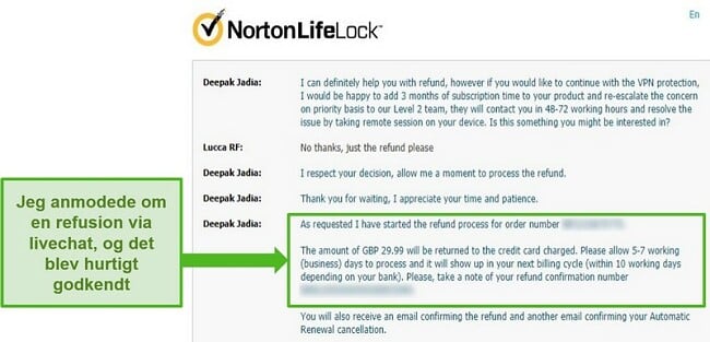 Skærmbillede af anmodning om refusion gennem Norton Secure VPNs 24/7 live chat