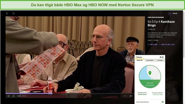 Skærmbillede af Norton Secure VPN, der fjerner blokering af HBO Max og streaming Curb Your Enthusiasm