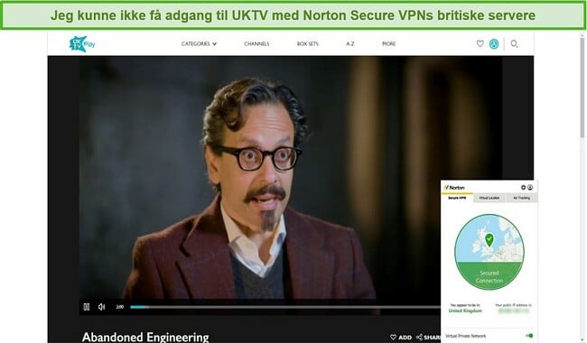 Skærmbillede af Norton Secure VPN, der blokerer for UKTV og streamer Abandoned Engineering