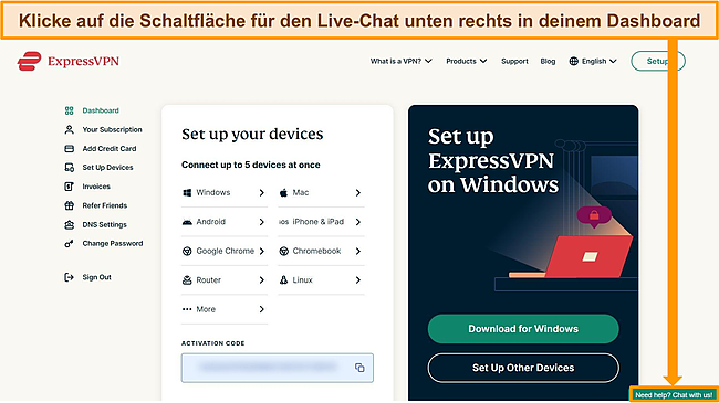 Screenshot des ExpressVPN-Konto-Dashboards mit hervorgehobener Live-Chat-Schaltfläche.