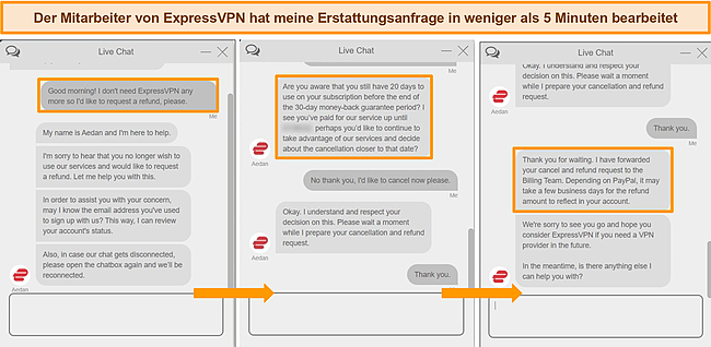 Screenshots des Live-Chat-Agenten von ExpressVPN, der eine Rückerstattungsanfrage bearbeitet.