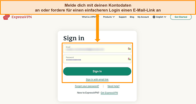 Screenshot der Login-Seite von ExpressVPN.