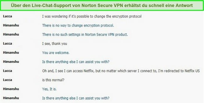 Screenshot eines Live-Chats mit einem Kundenbetreuer von Norton.