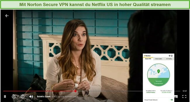 Screenshot von Norton Secure VPN, das Netflix US entsperrt und Schitt's Creek streamt