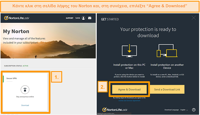 Στιγμιότυπα οθόνης των Norton Secure VPNs My Norton και σελίδες λήψης.