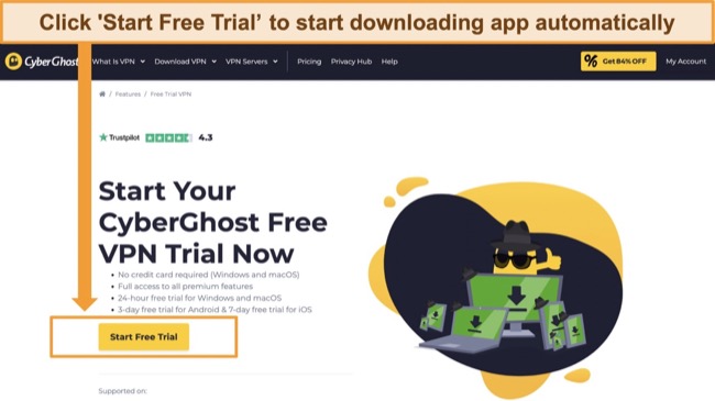 Screenshot of CyberGhost's free trial page
