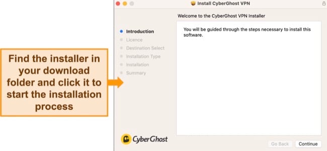 Screenshot of CyberGhost installing onto a macOS device.