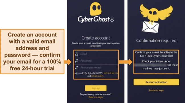 screenshots of CyberGhost's Windows app, showing the process of creating an account for a 24-hour free trial.