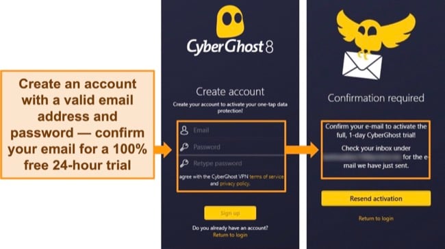 screenshots of CyberGhost's Windows app, showing the process of creating an account for a 24-hour free trial.