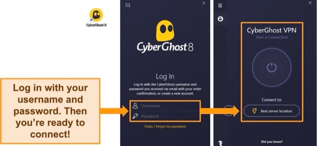 Screenshot of CyberGhost's Windows app with the username and password section highlighted.