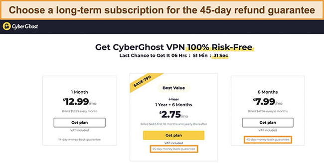 Screenshot of CyberGhost's subscription plans
