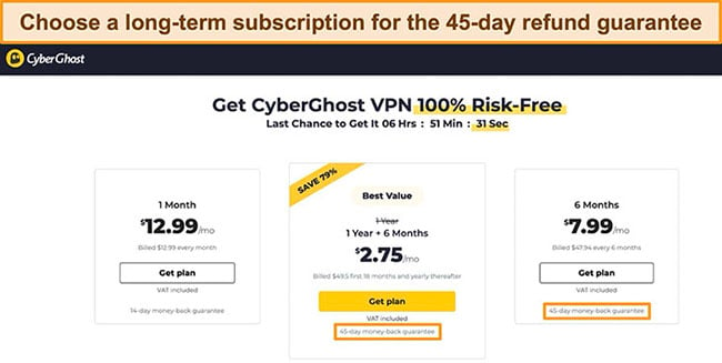 Screenshot of CyberGhost's subscription plans