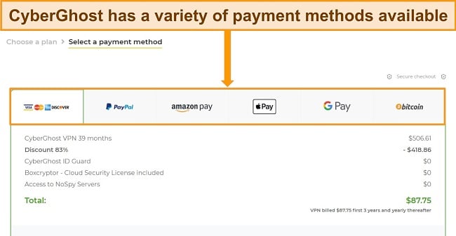 Screenshot of CyberGhost's payment methods.