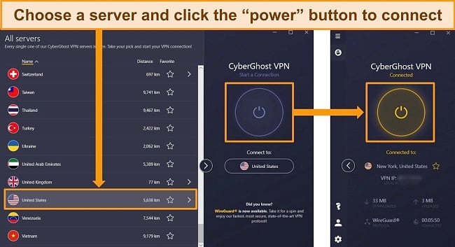 Screenshots of CyberGhost's server menu detailing how to connect to a US server.