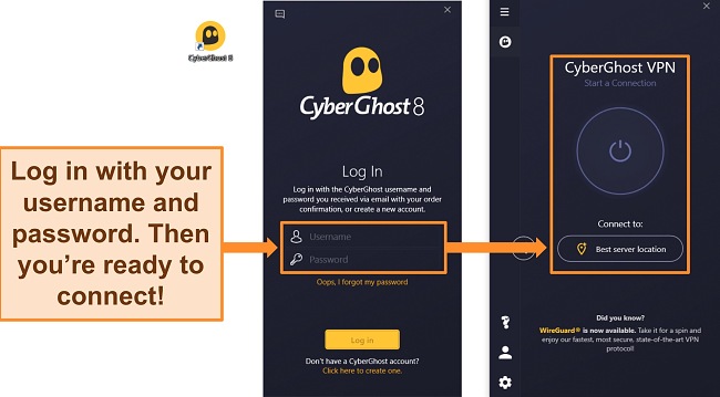 Screenshot of CyberGhost's Windows app with the username and password section highlighted.