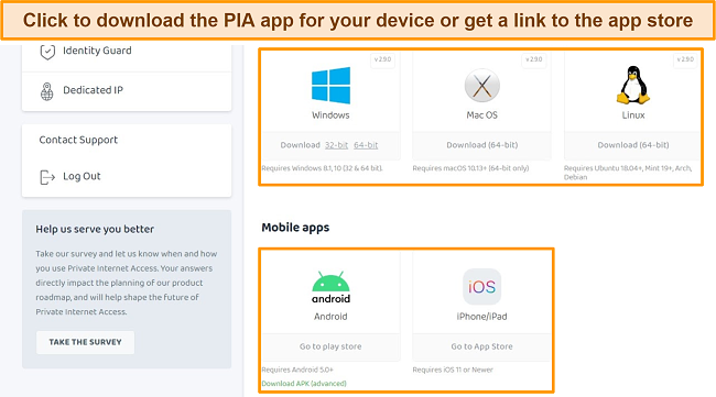 Screenshot of PIA Client Control Panel with available app downloads highlighted.