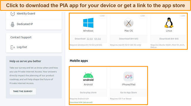 Screenshot of links to PIA apps on the control panel