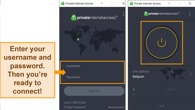 Screenshot of the login panel on PIA's app