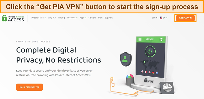 Screenshot of PIA's homepage