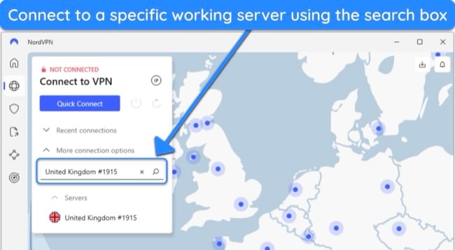 image of NordVPN's Windows app, showing the server search function