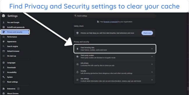image of Chrome browser Privacy and Security settings, highlighting the option to 