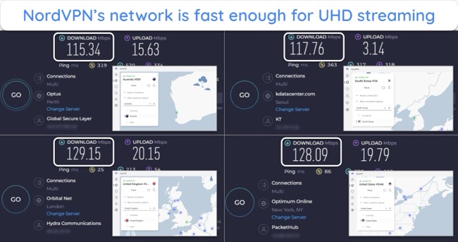 screenshots of Ookla speed test results, with NordVPN connected to servers in Australia, South Korea, the UK, and the US