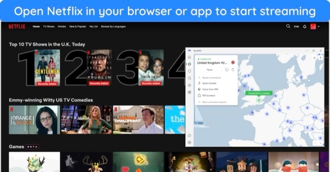 Image of Netflix UK in a browser window with NordVPN connected to a London-UK server