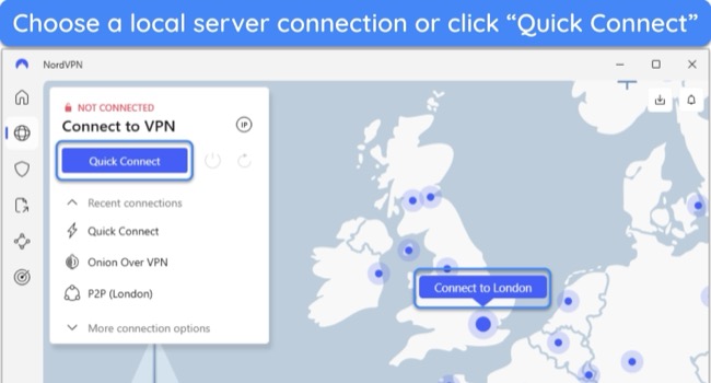 Screenshot of NordVPN's Windows app, highlighting the map server connection for London and the Quick Connect button