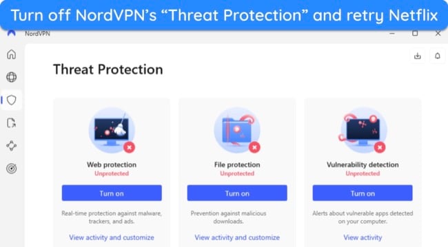  image of NordVPN's Windows app showing the Threat Protection feature