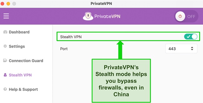 Screenshot of PrivateVPN's Stealth VPN tab